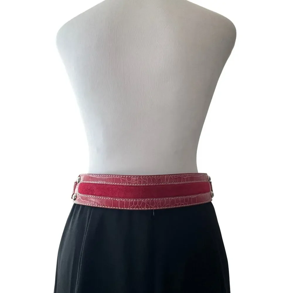 Vintage ‘00s Kathy Van Zeeland Red Faux Crocodile McBling Silver Buckle Belt